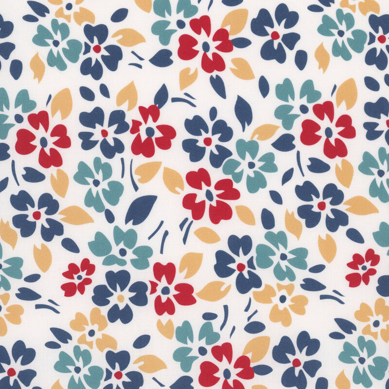 Soft ivory fabric featuring a floral scattered floral print in hues of red, navy, teal, and light ochre.