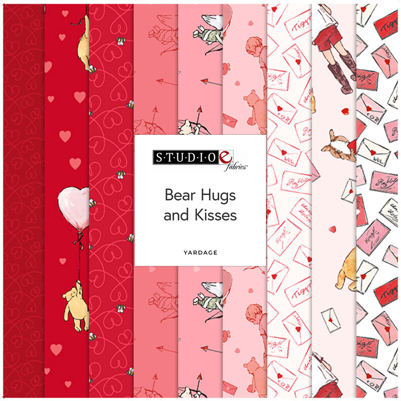 Collage of fabrics in the collection in shades ranging from red to pink and white, with characters from Winnie the Pooh's Hundred Acre Wood and Valentine's Day motifs