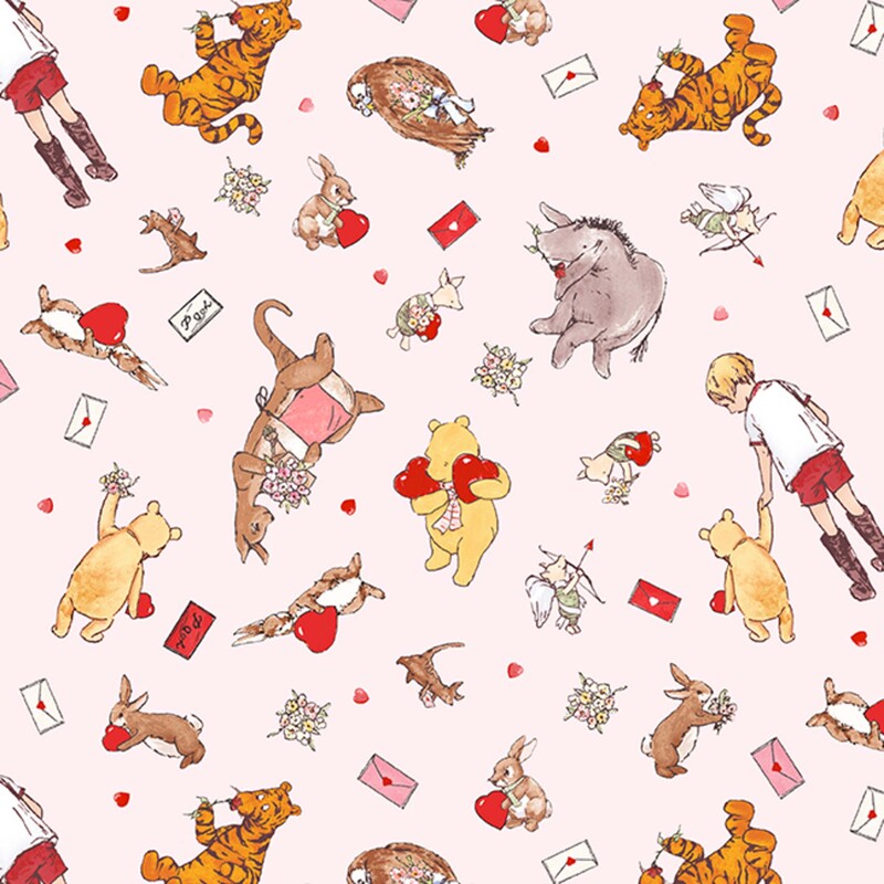 Very light pink fabric with a tossed pattern of characters from the Hundred Acre Wood with Valentine's Day motifs such as love letters, cupids, and big red hearts