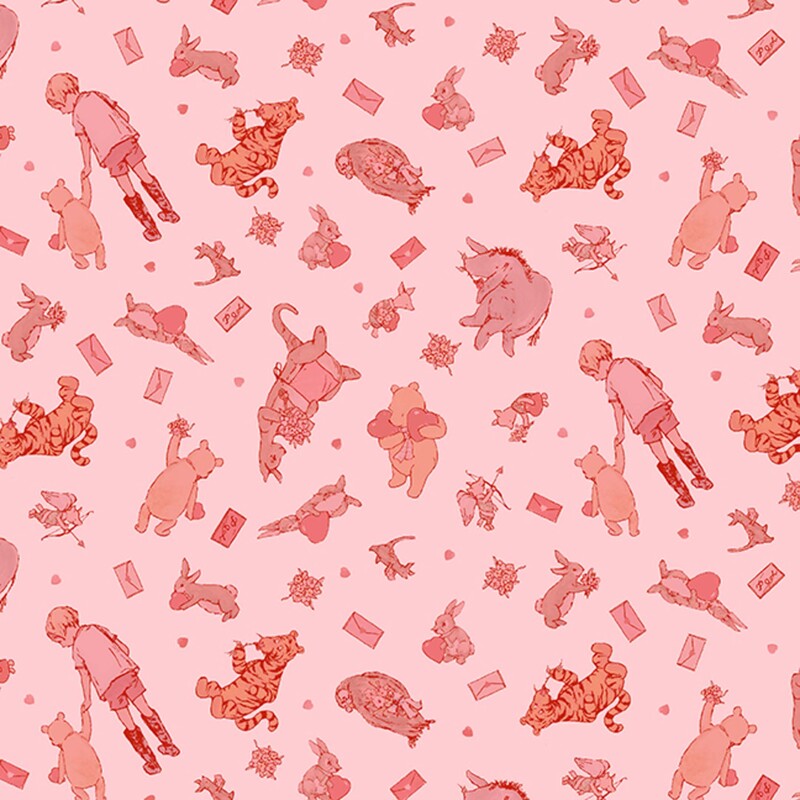 Rose pink fabric with a tossed pattern of pink-hued characters from the Hundred Acre Wood with Valentine's Day motifs such as love letters, cupids, and big red hearts