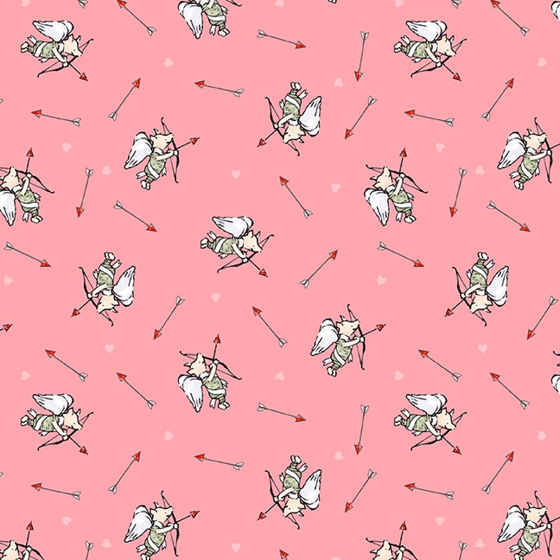 Rose pink fabric with a tossed pattern of Piglets dressed as Cupid holding a bow and arrow, with arrows and small pink hearts in between