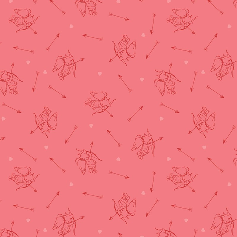 Dark pink fabric with a tossed pattern of red-outlined Piglets dressed as Cupid holding a bow and arrow, with arrows and small pink hearts in between