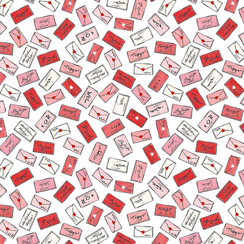 White fabric with a pattern of red, pink, and cream Valentine's letters featuring names of characters from the Hundred Acre Wood on them