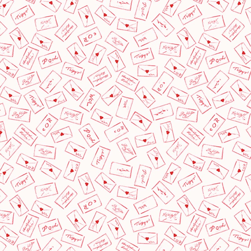 White fabric with a pattern of red-outlined Valentine's letters featuring names of characters from the Hundred Acre Wood on them