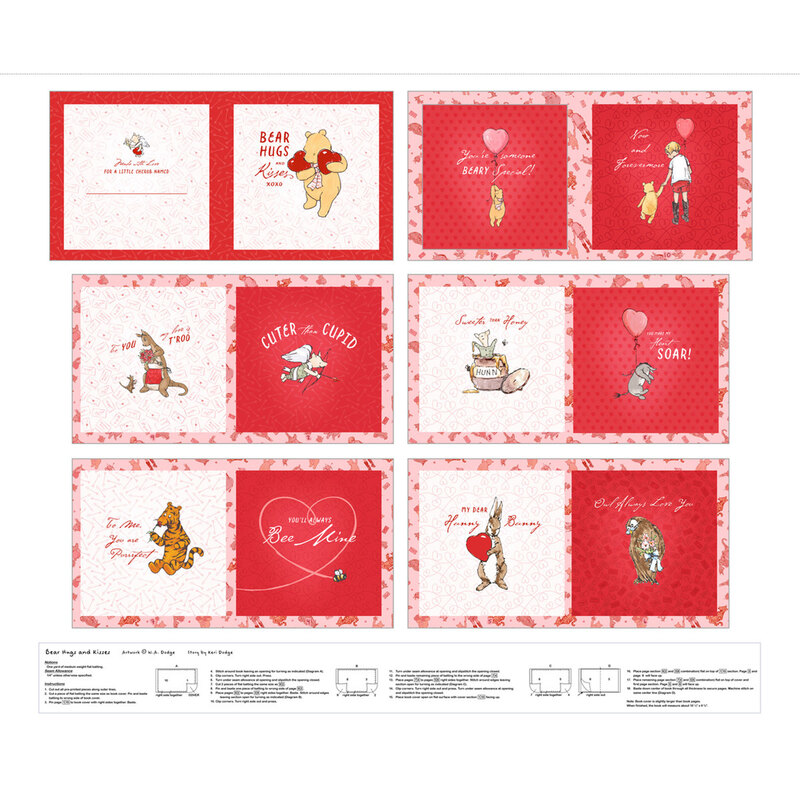 A fabric panel with materials and instructions to make your own Valentine's Day themed Winnie the Pooh fabric book
