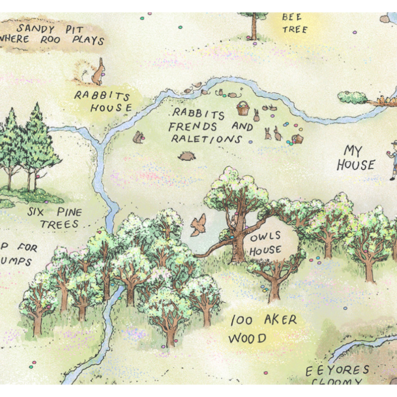 Illustrated map of a whimsical forest area featuring notable locations like Rabbit's House and Owl's House.