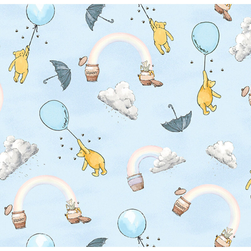 A whimsical pattern featuring a bear holding a balloon, rainbows, clouds, and umbrellas on a blue background.