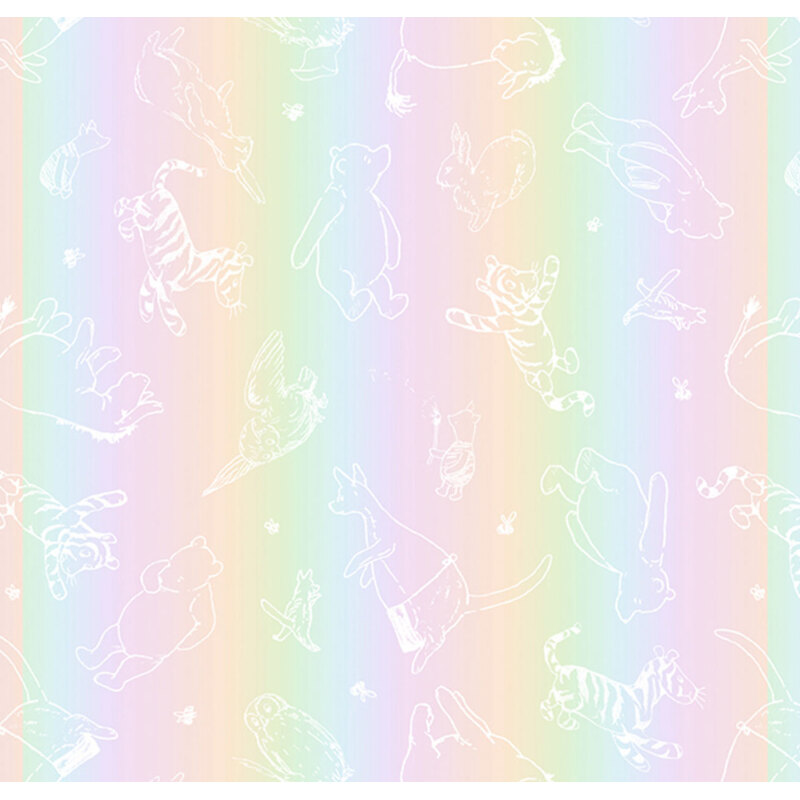 A pastel-colored background featuring white line drawings of various whimsical animals.