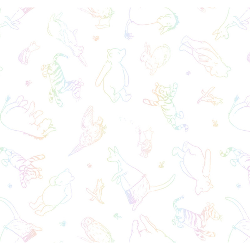 Light pastel illustrations of various animals scattered on a white background.