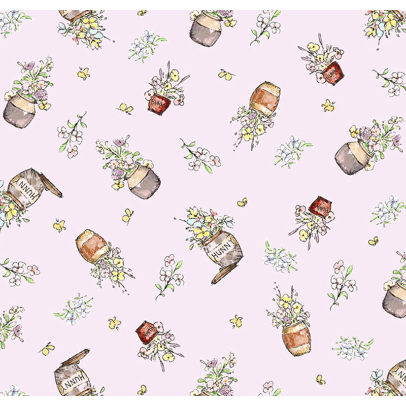 A light pink patterned background featuring illustrated jars with flowers and small butterflies.