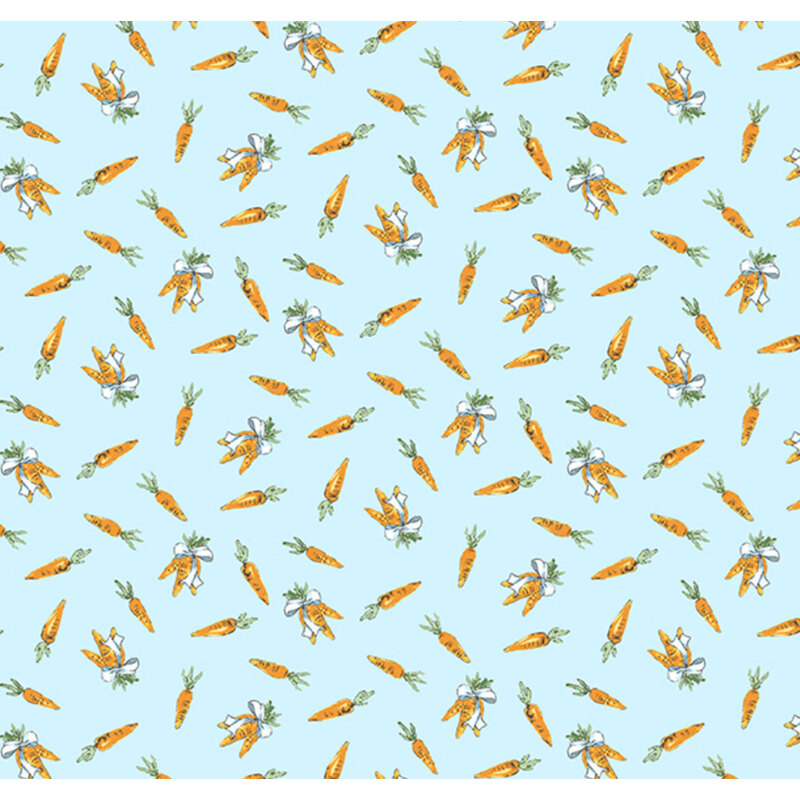 Seamless pattern of orange carrots on a light blue background, scattered throughout the image.