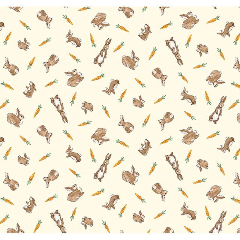 A repeating pattern of brown rabbits and orange carrots on a light cream background.
