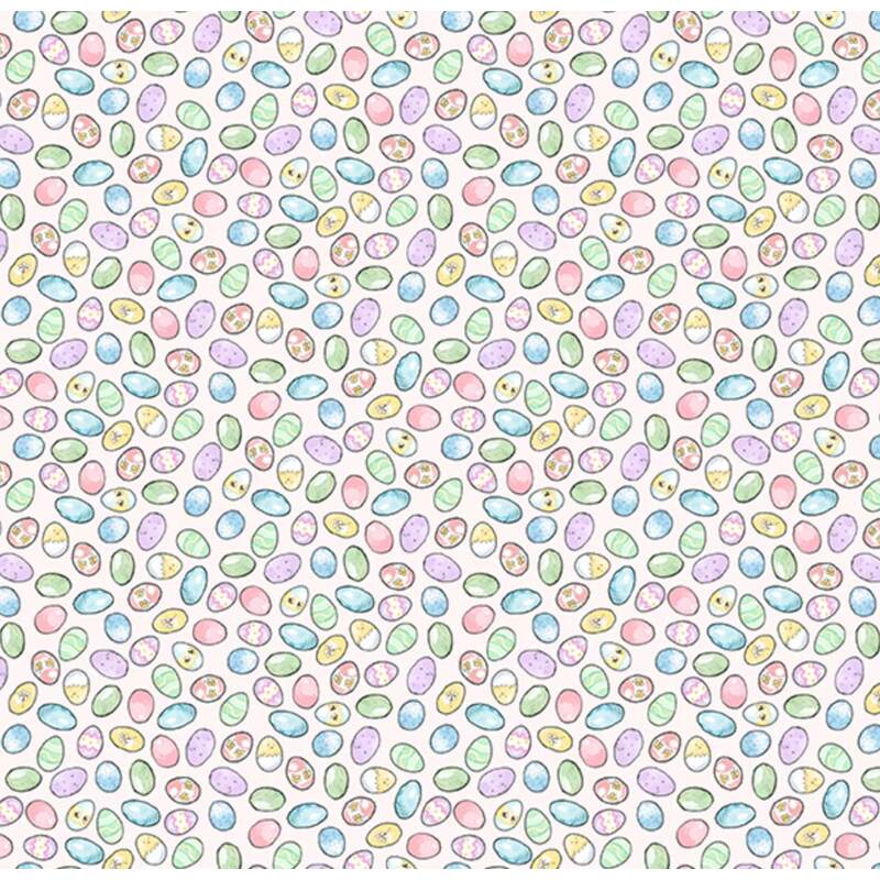 Seamless pattern of colorful, decorated Easter eggs on a light background.