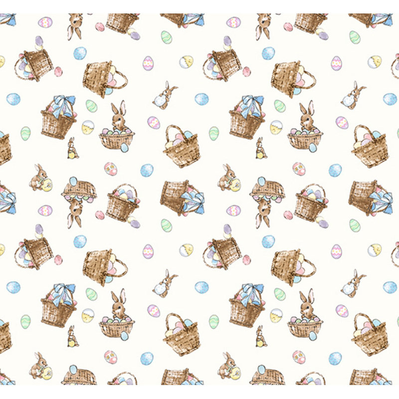 A repeating pattern of Easter baskets, colorful eggs, and charming rabbits on a light background.