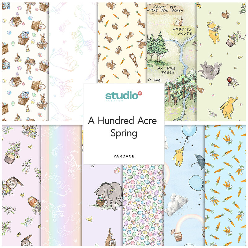 A square collage of pastel fabrics from the A Hundred Acre Springs collection featuring easter-themed, Winnie the Pooh fabrics.