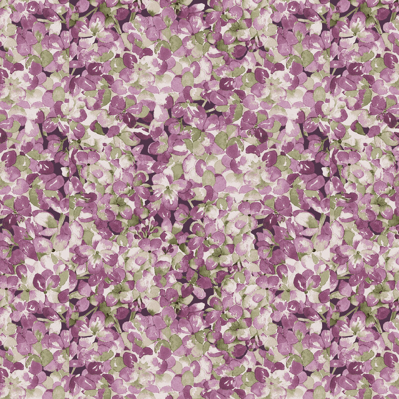 Plum fabric packed with hydrangeas.
