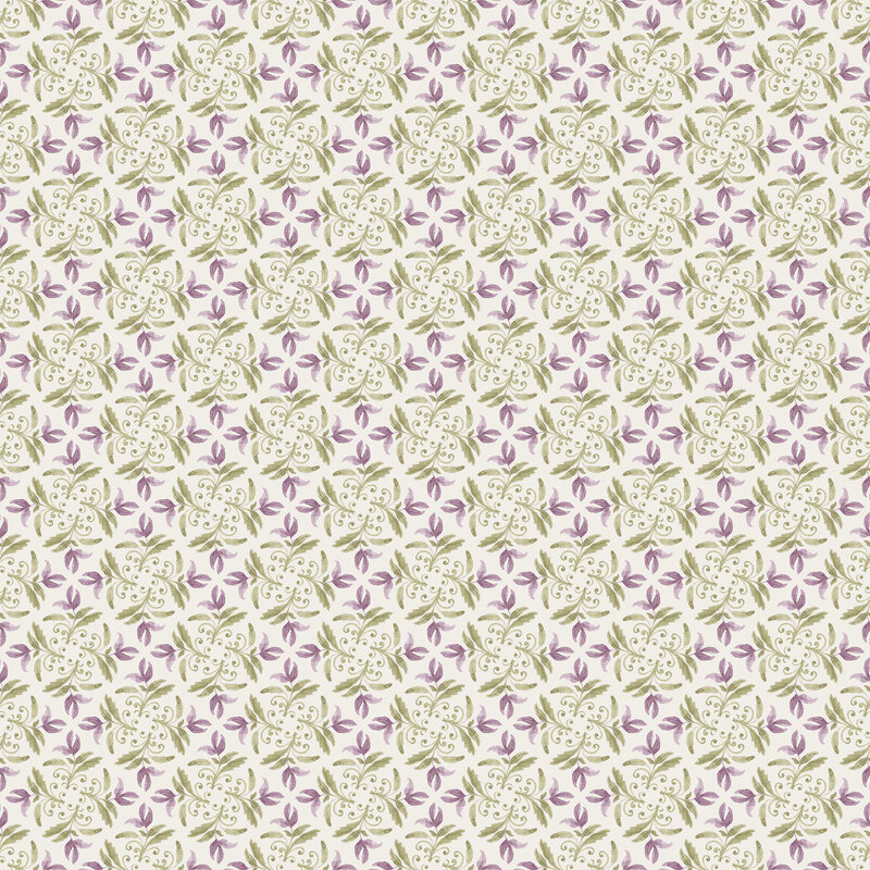 Green and violet geometric texture pattern on a cream fabric.