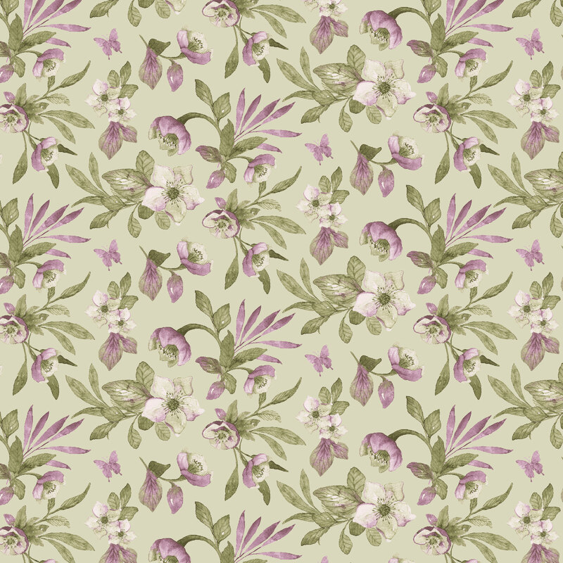 Hellebores tossed onto a juniper green fabric.