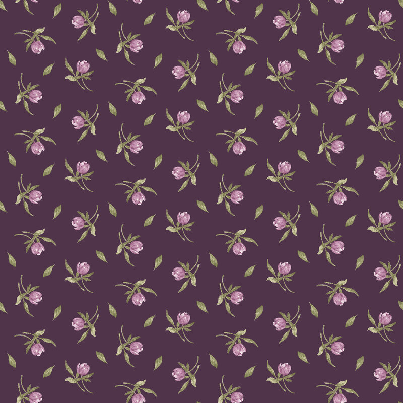 Buds evenly tossed onto a plum fabric.