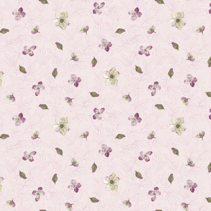 Small flowers and leaves tossed onto a pastel pink fabric.