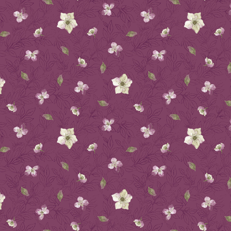 Small flowers and leaves tossed onto a light plum fabric.