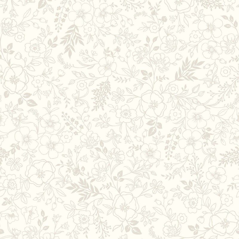 Off-white fabric with a light gray pattern of floral and leafy outlines