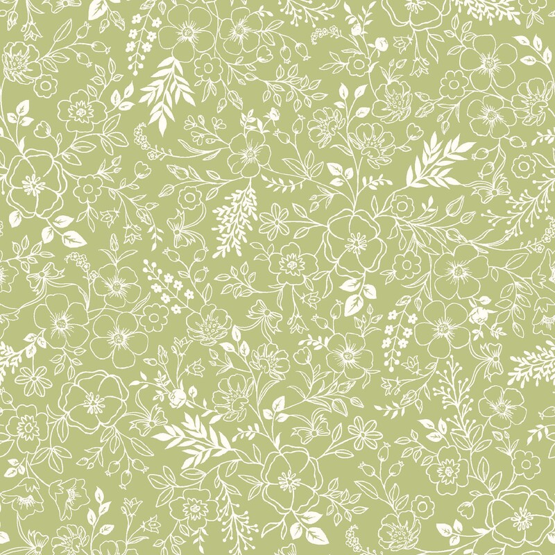 Spring green fabric with a cream pattern of floral and leafy outlines