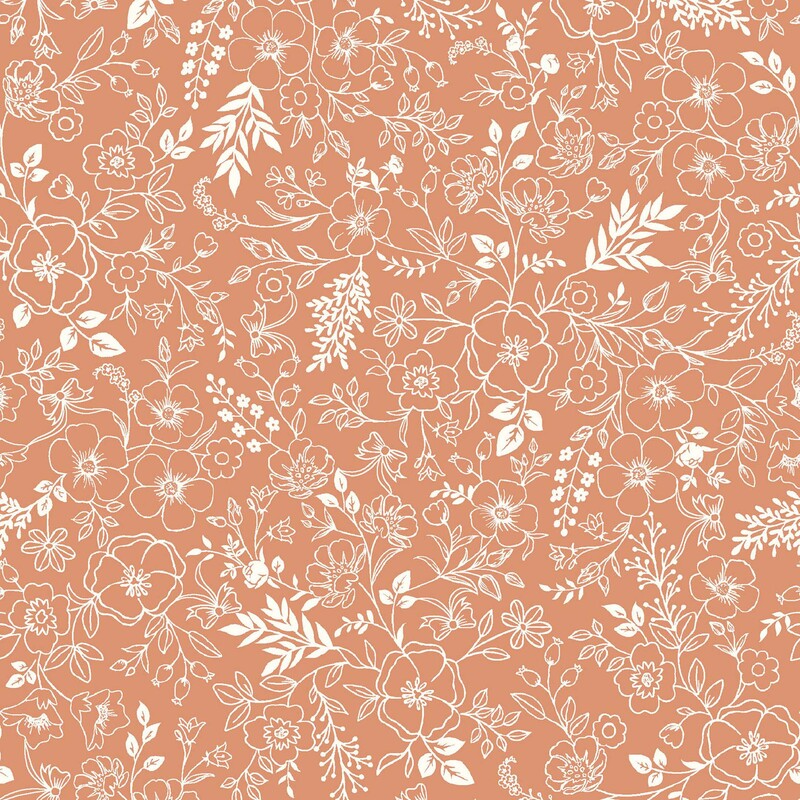 Tangerine orange fabric with a cream pattern of floral and leafy outlines