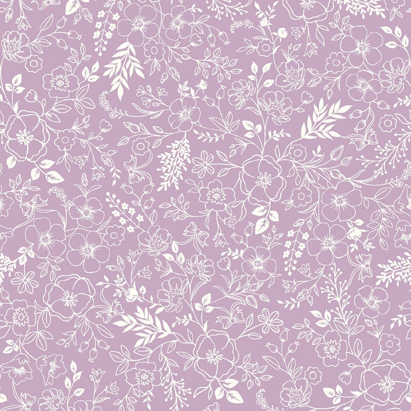 Lilac fabric with a cream pattern of floral and leafy outlines