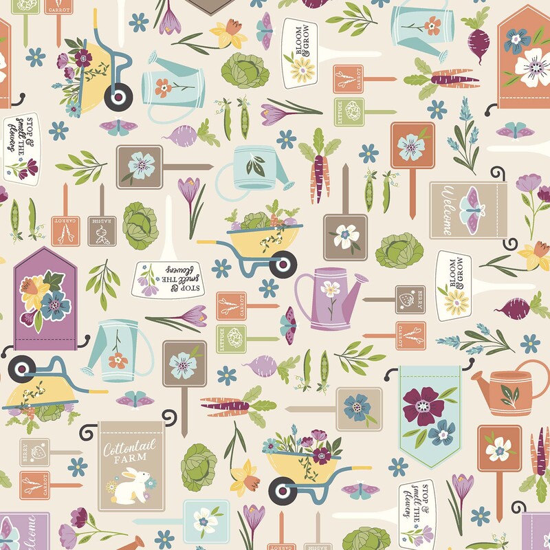 A light taupe fabric with a pattern of colorful farm items, such as wheelbarrows, watering cans, banners, flowers, and veggies