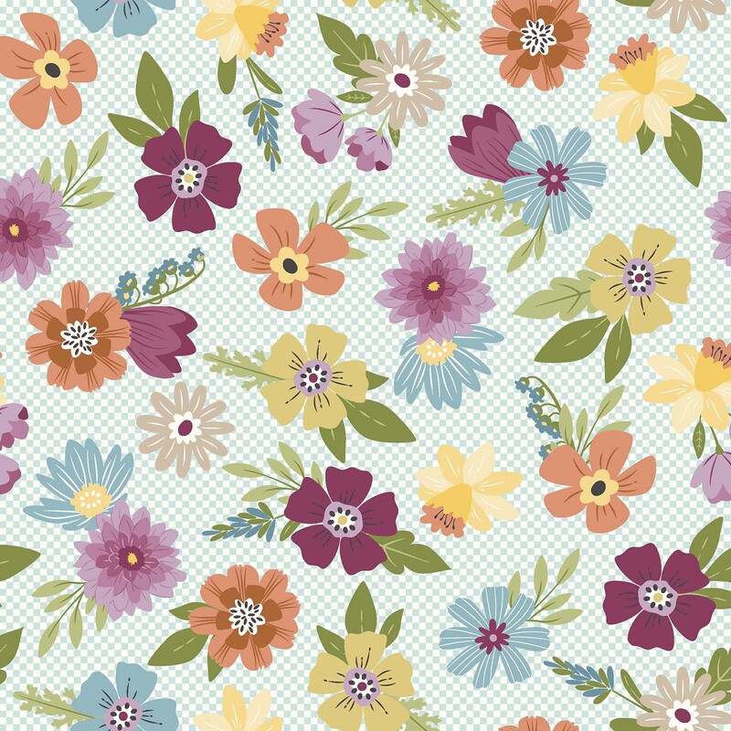 Scattered flowers in plum, orange, yellow, and blue, over a background of small aqua checks.