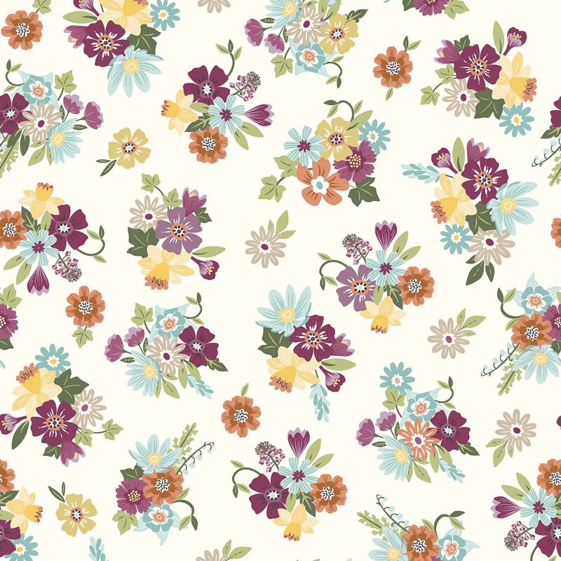 Off white fabric with a pattern of colorful floral bunches with plum, citrine, orange, taupe, and blue flowers