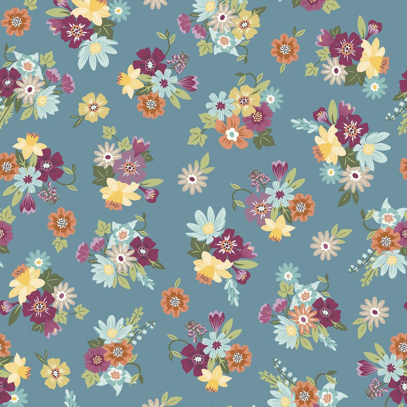 Teal blue fabric with a pattern of colorful floral bunches with plum, citrine, orange, taupe, and aqua flowers