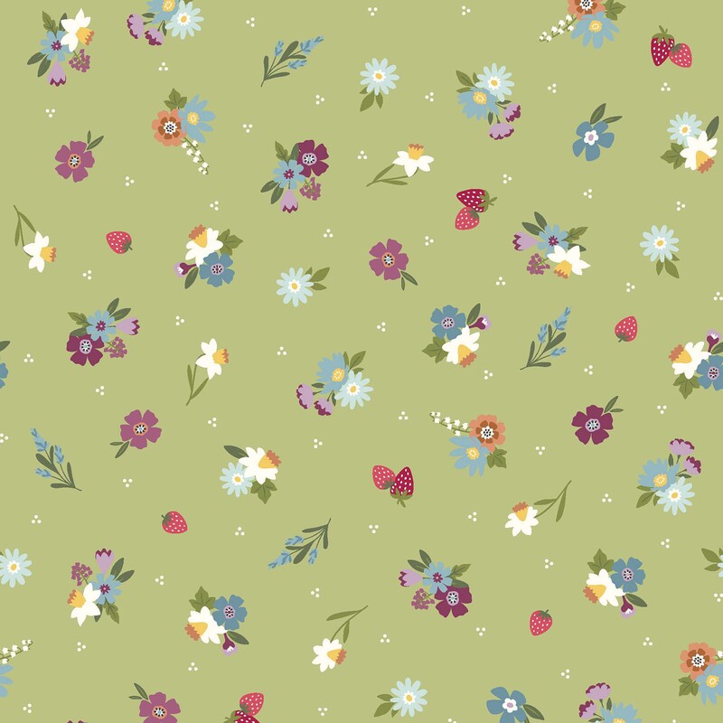 Spring green fabric with a ditsy pattern of strawberries, multicolor floral bunches, and individual flowers, with tiny white tri-dots
