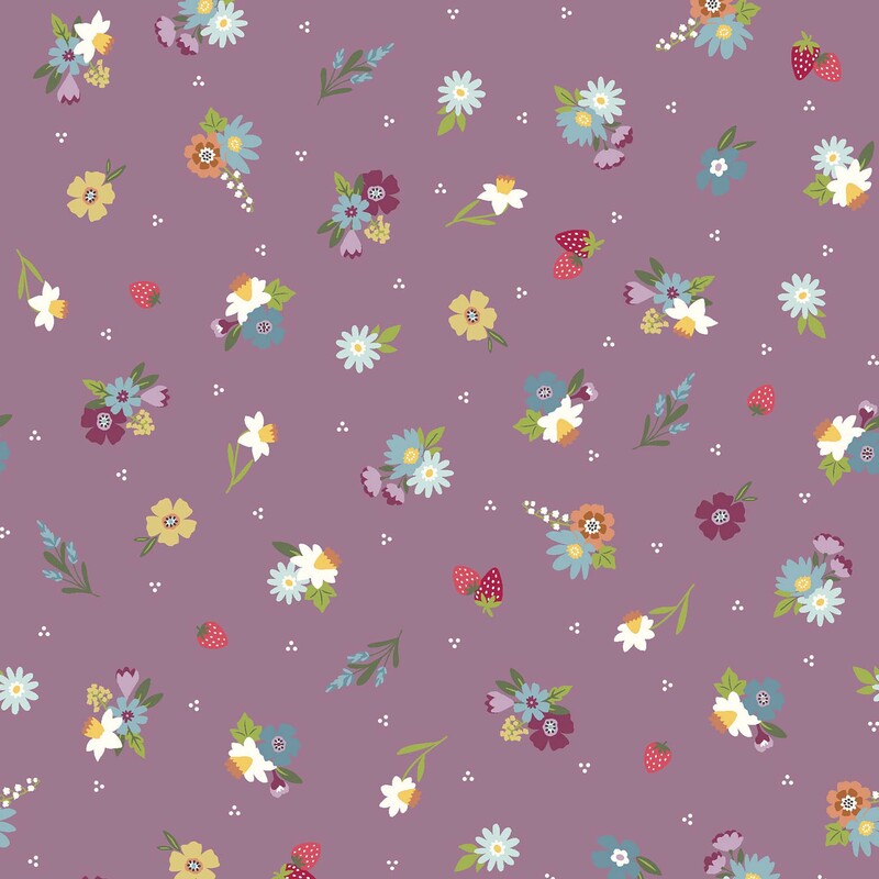 Light plum fabric with a ditsy pattern of strawberries, multicolor floral bunches, and individual flowers, with tiny white tri-dots