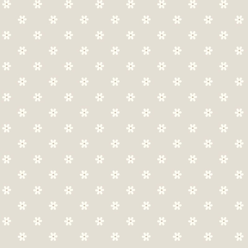 Light taupe fabric with an evenly spaced pattern of small white daisies