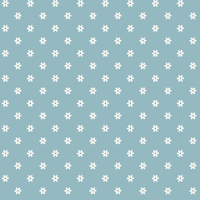 Light teal taupe fabric with an evenly spaced pattern of small white daisies