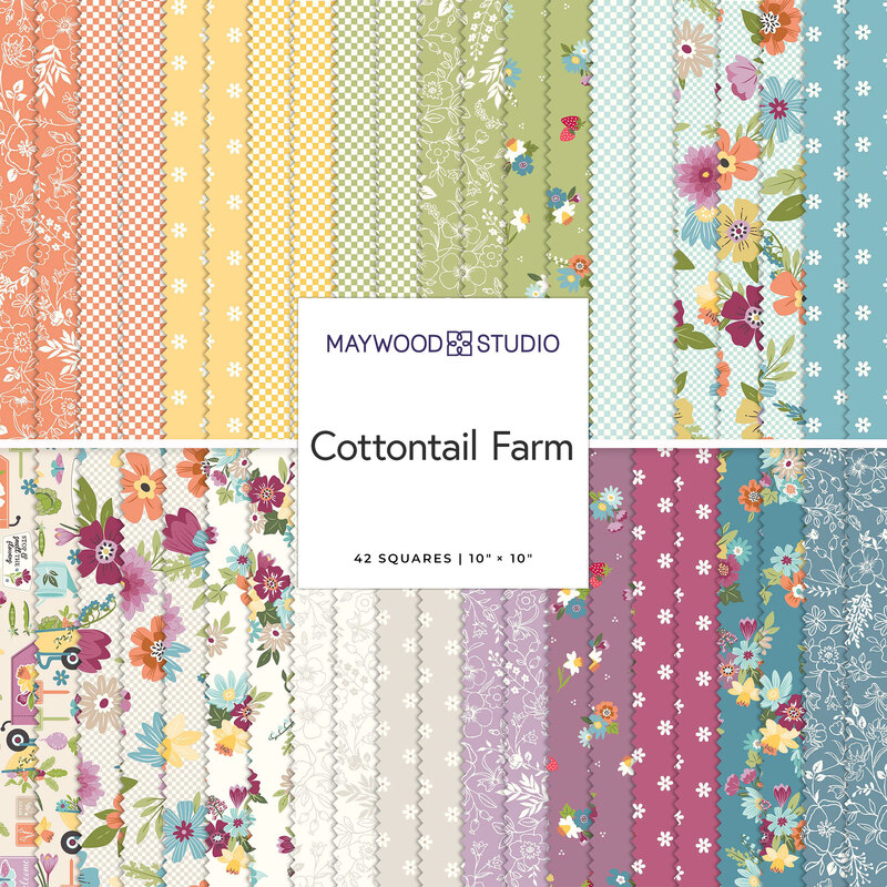 Collage of fabrics in the collection in cream and pastel colors featuring delicate florals, checks, and farm motifs 