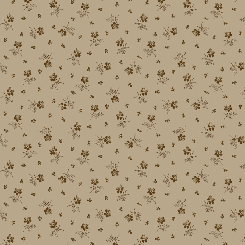 Khaki fabric with ditsy tossed brown florals.