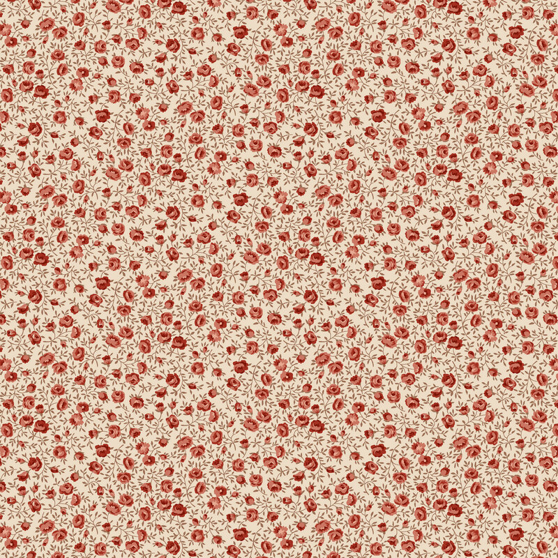 Cream calico fabric with red roses.