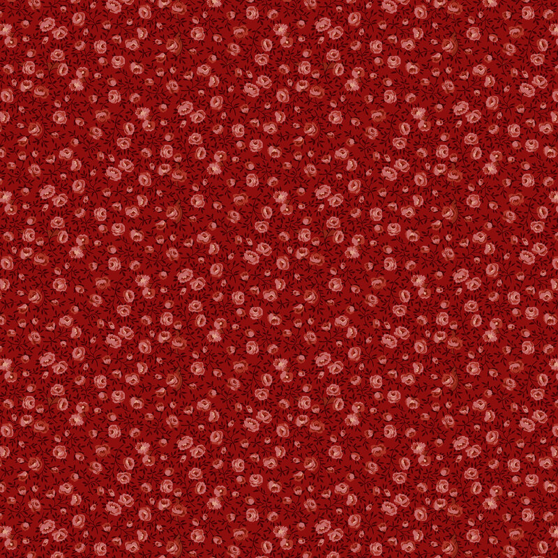 Dark red calico fabric with soft pink rose buds.