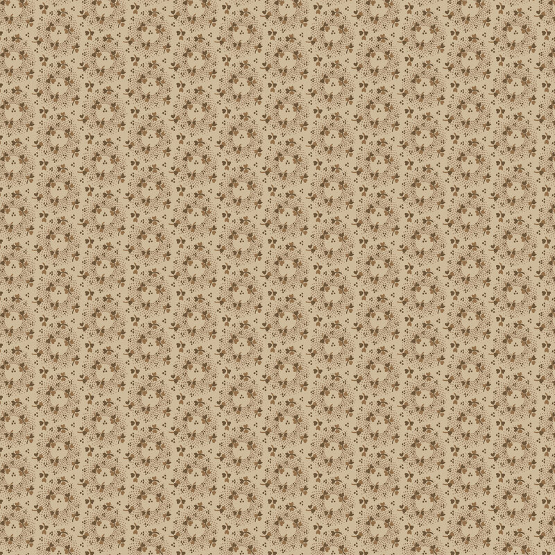 Light khaki fabric with staggered pattern of dotted circles tossed with stylized brown roses.