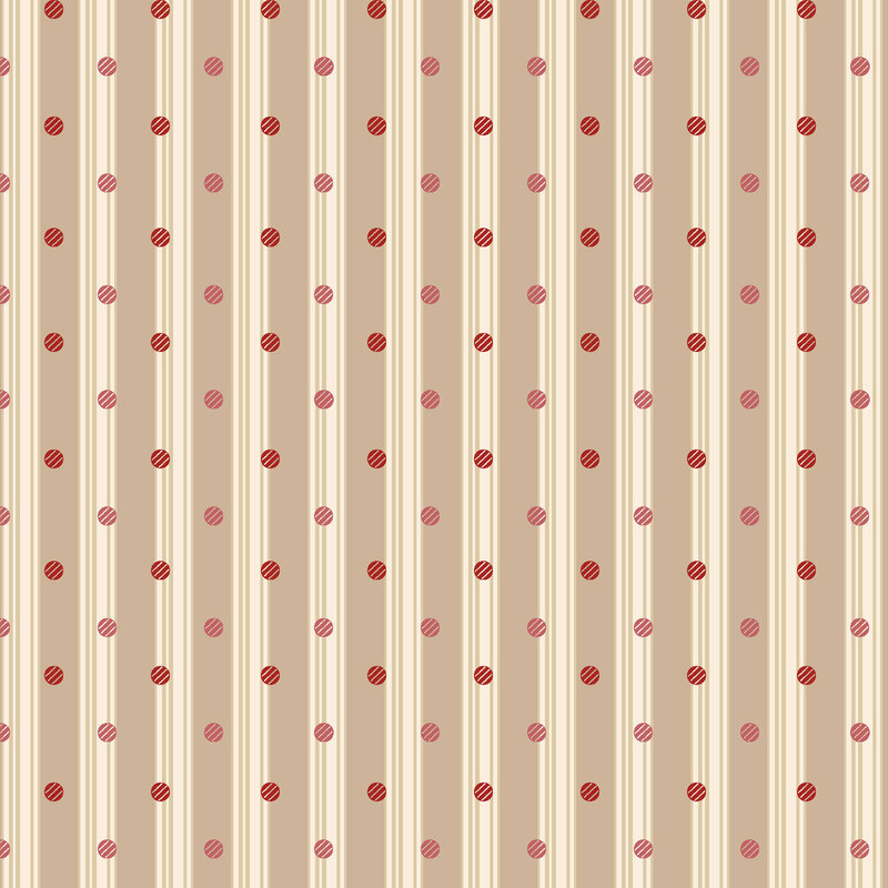 Khaki brown and cream striped fabric with red tone dots.
