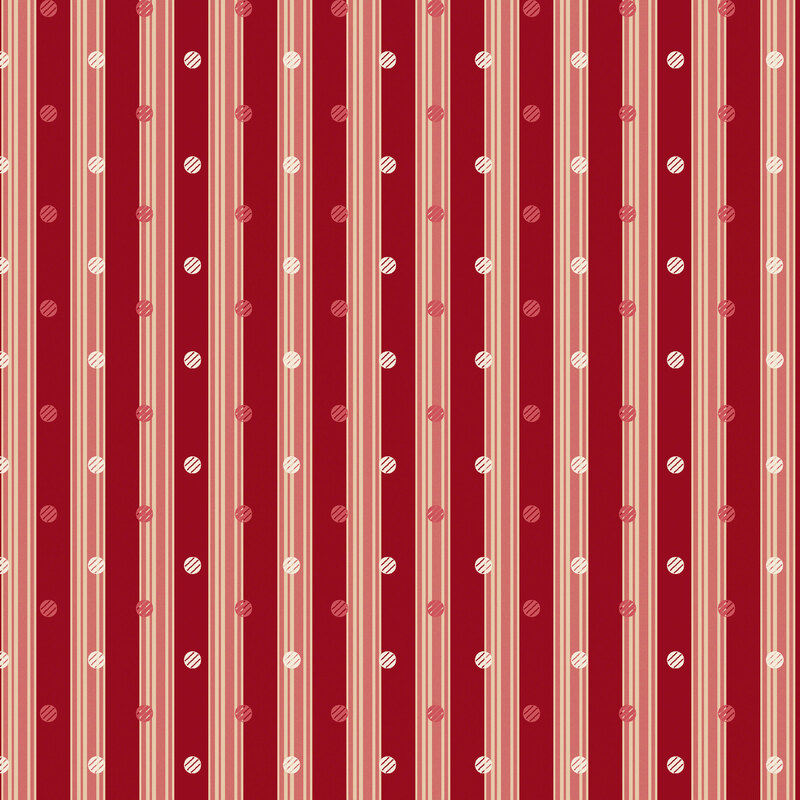 Deep red and cream striped fabric with red and white dots.