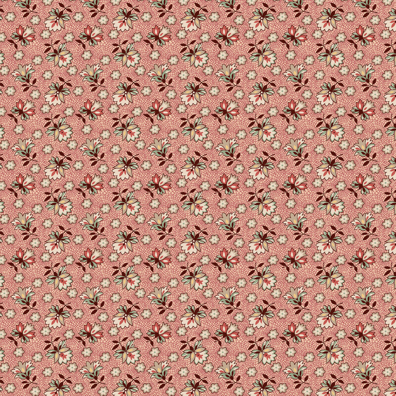 Pink fabric with alternating tossed florals connected by an intricate lace design.