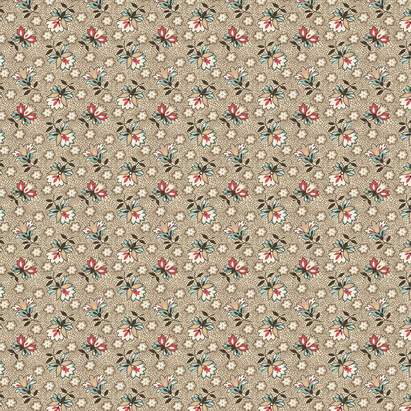 Light khaki fabric with alternating tossed florals connected by an intricate lace design.