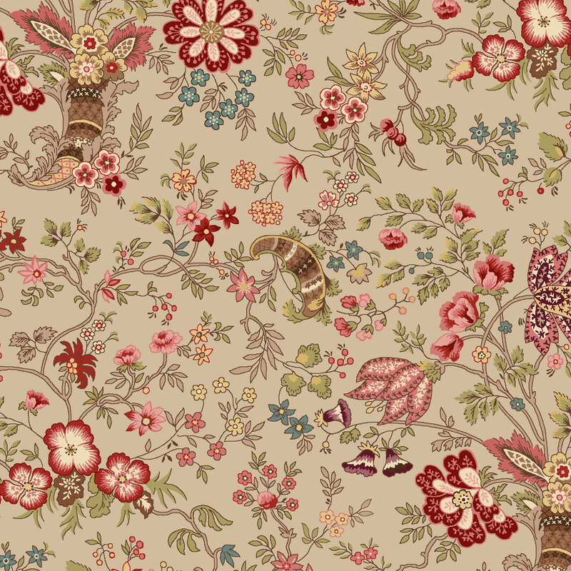 Light khaki fabric layered with a medley of florals, vines, berries, and bouquets.