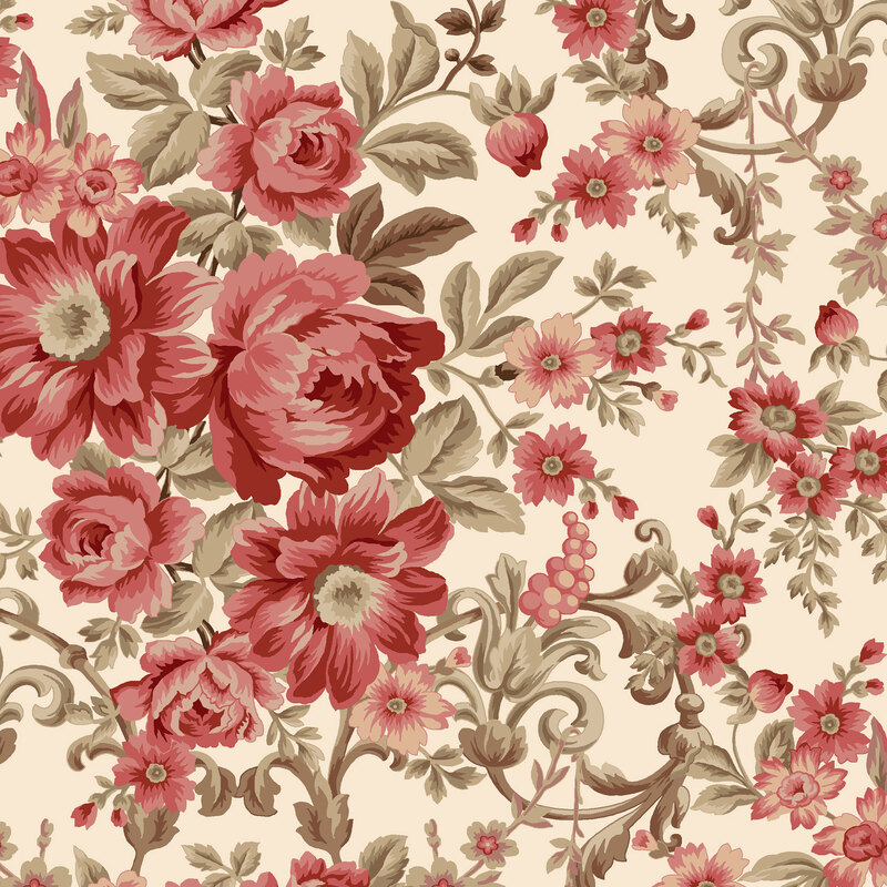 Cream fabric layered with light pink-red florals on top of khaki brown vines.