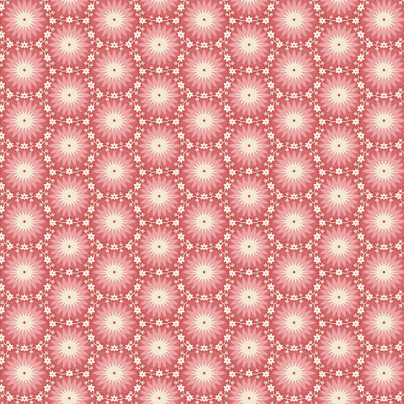 Pink fabric with hexagonal cream sunburst pattern, separated by ivory vines and florals.