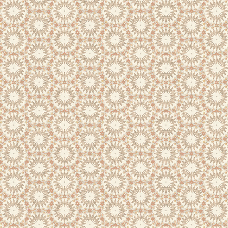 Cream fabric with hexagonal tan and cream sunburst pattern, separated by tan vines and florals.